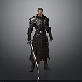 Man In Dark Medieval Armor Holding Sword With Intricate Shoulder Plates And Cape