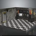 Vintage TV Cabinet With Multiple TVs Posters And Checkered Floor In Retro Room