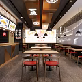 Modern Restaurant Interior Design With Wooden Tables Red Seats Hanging Lights And Wall Decor