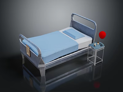 Hospital Medical Bed With Blue Mattress Safety Rails And Side Table 3d model