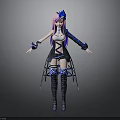 3D Character Model With Pink Purple Hair Blue Headdress Black White Blue Outfit And Black Boots