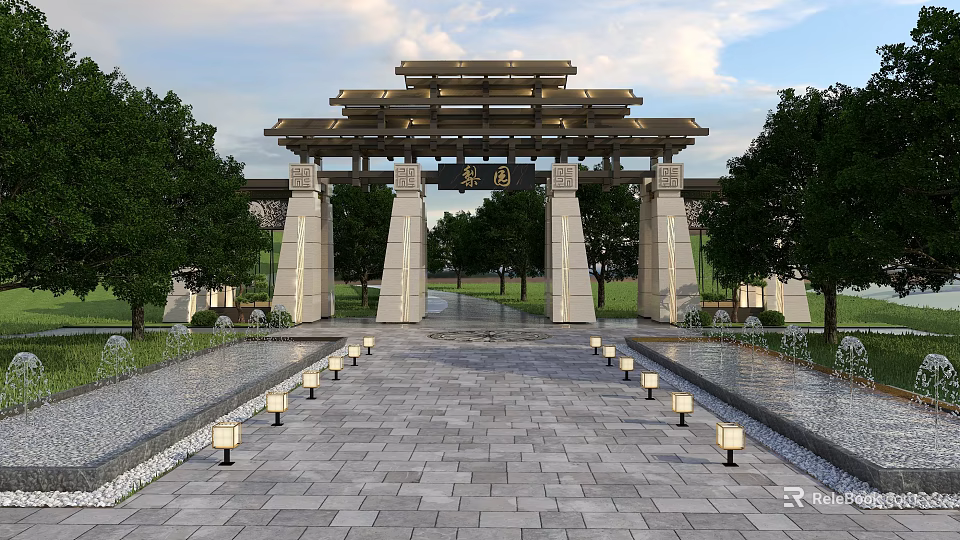 Traditional Chinese Pavilion Style Entrance Gate With Stone Paved Path And Lampposts 3d model 