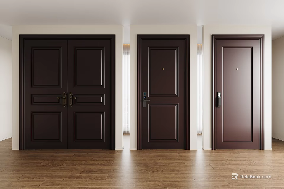 Three Dark Wooden Security Doors With Handles And Locks In Indoor Setting 3d model 