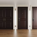 Three Dark Wooden Security Doors With Handles And Locks In Indoor Setting