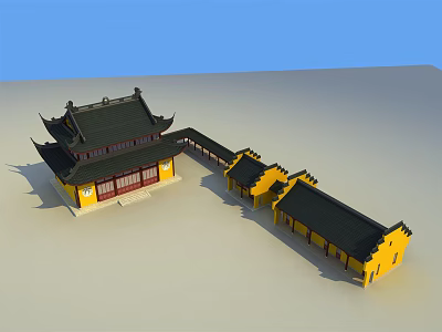 Ancient Chinese Architecture Featuring Yellow Walls Black Roofs and Overhanging Eaves with Connected Corridor 3d model