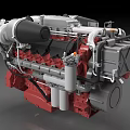 Detailed Industrial Engine With Turbocharger Red Base Metal Pipes And Mechanical Components