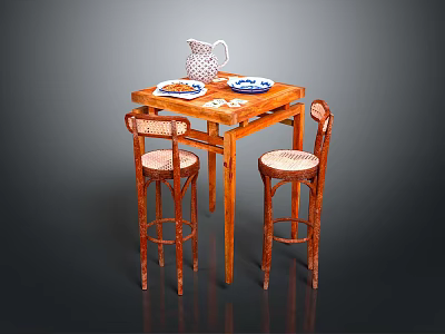 Wooden Dining Table With High Wicker Chairs Water Jug And Decorative Plates 3d model