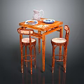 Wooden Dining Table With High Wicker Chairs Water Jug And Decorative Plates