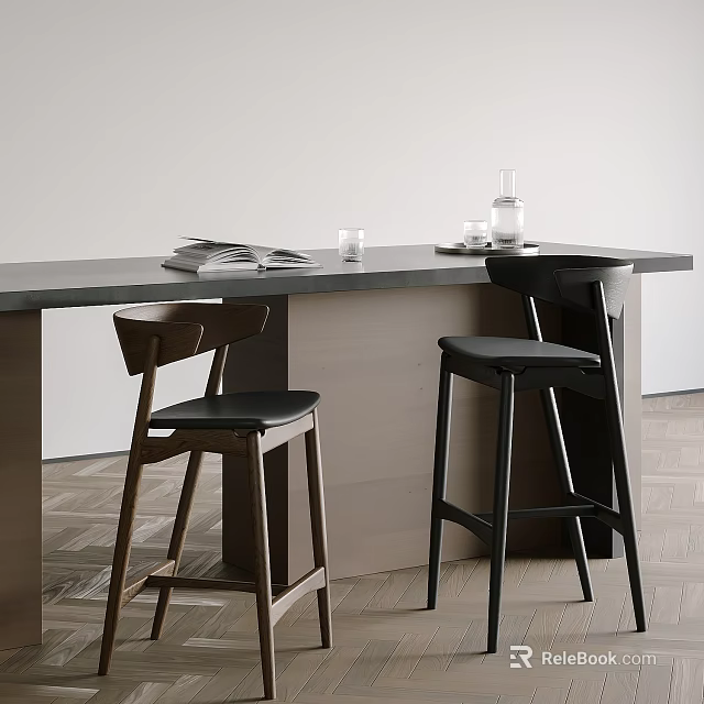 Modern Bar Stools In Kitchen Interior With Countertop Leather Seats And Wooden Frames 3d model 
