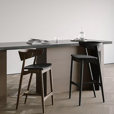 Modern Bar Stools In Kitchen Interior With Countertop Leather Seats And Wooden Frames 3d model