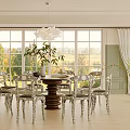 Elegant Dining Room Interior With Wooden Table Patterned Chairs Chandelier Large Windows And Green Plants