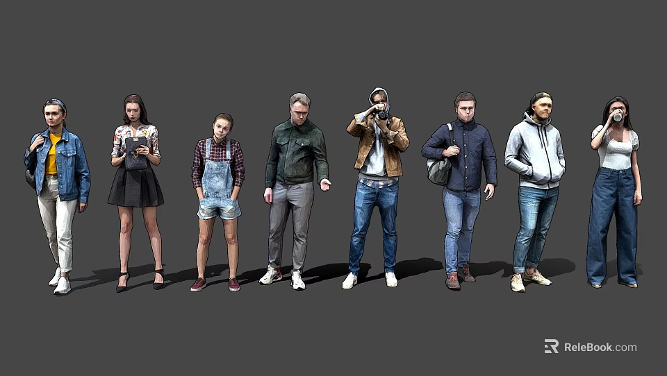 Multiple People In Diverse Casual Clothing Styles Standing With Different Poses 3d model 