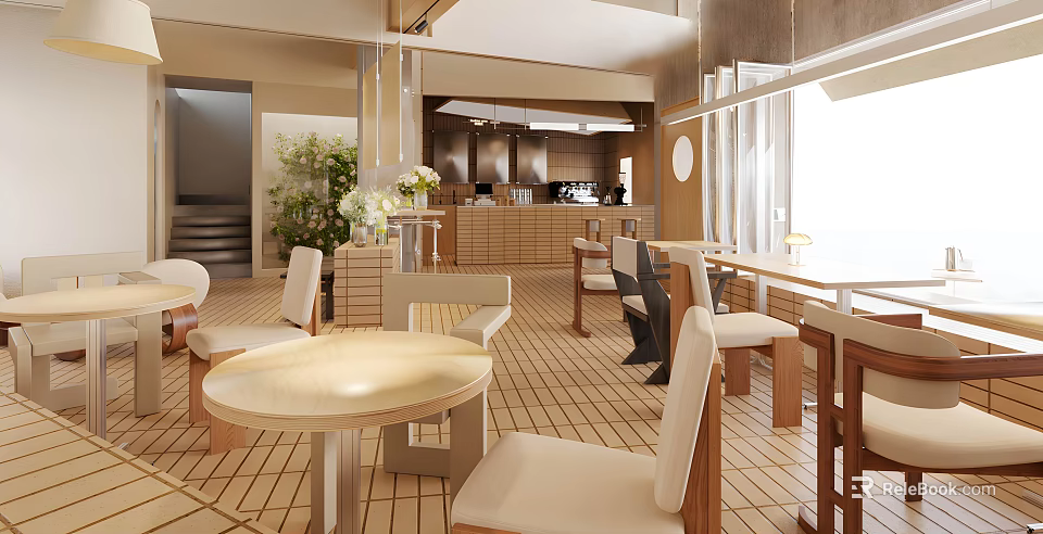 Modern Café Interior Design With Wooden Tables Cream Seats And Natural Light 3d model 