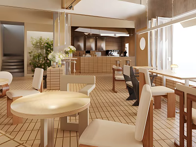 Modern Café Interior Design With Wooden Tables Cream Seats And Natural Light 3d model