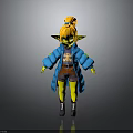 Yellow Skinned Elf Character With Blonde Ponytail Pointed Ears Blue Puffer Jacket And Orange Top
