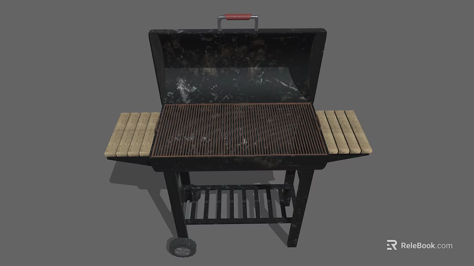 Black Outdoor Grill with Wooden Side Shelves Rolling Wheels Lid and Grill Grate 3d model 