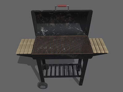 Black Outdoor Grill with Wooden Side Shelves Rolling Wheels Lid and Grill Grate 3d model