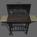 Black Outdoor Grill with Wooden Side Shelves Rolling Wheels Lid and Grill Grate