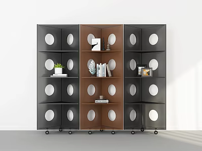 Modern Modular Bookcase With Circular Cutouts Wheels Books Potted Plant And Decorative Items 3d model