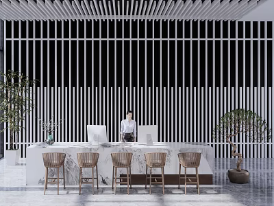 Reception Desk Featuring Black And White Striped Wall Receptionist Wooden Bar Stools And Green Plants 3d model