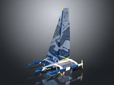 Innovative Blue And White Sailing Water Vessel With Graphic Sail And Multi Hull Design 3d model