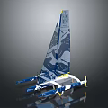 Innovative Blue And White Sailing Water Vessel With Graphic Sail And Multi Hull Design