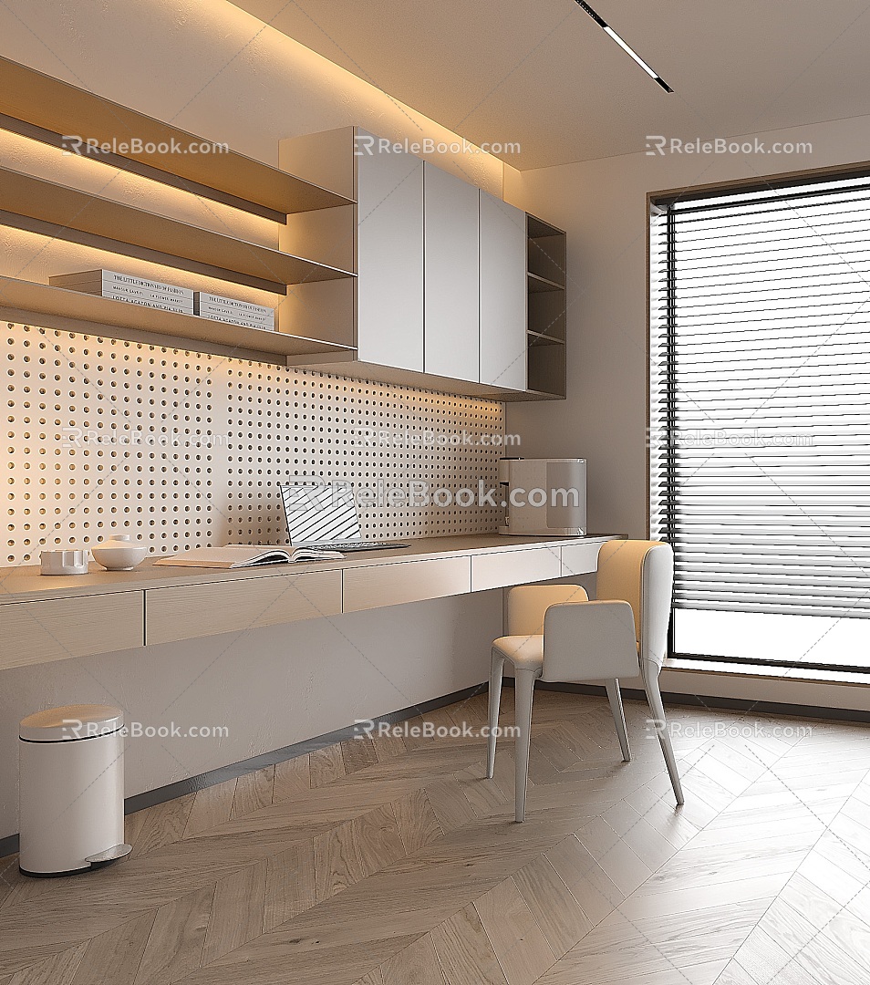 Study E-Sports Room Cream Style Study Minimalist Study Italian Style Study Bookcase Wine Cabinet Glass Cabinet Desk and Chair 3d model