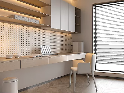 Modern Home Office Interior With Perforated Wall Design White Cabinets And Desk Chairs 3d model