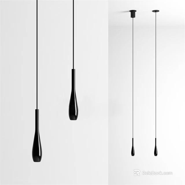 Modern Black Teardrop Shaped Pendant Lights Hanging In Minimalist Interior Design 3d model 
