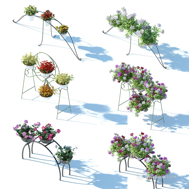 Bonsai Potted Plants On Metal Stands With Various Colored Flowers And Sunlight Shadows 3d model 