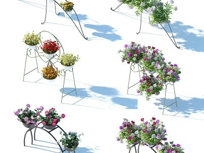 Bonsai Potted Plants On Metal Stands With Various Colored Flowers And Sunlight Shadows 3d model