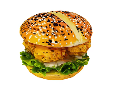 Crispy Fried Chicken Hamburger With Sesame Seed Bun Fresh Lettuce And Creamy Sauce 3d model