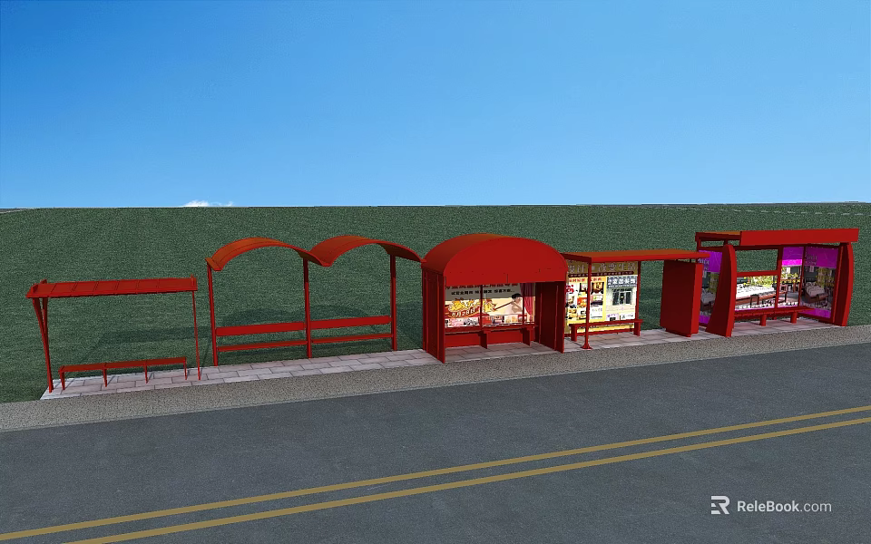 Red Bus Stop Roadside Facilities with Curved Shelter Seats and Billboards Under Blue Sky 3d model 