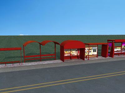 Red Bus Stop Roadside Facilities with Curved Shelter Seats and Billboards Under Blue Sky 3d model
