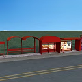 Red Bus Stop Roadside Facilities with Curved Shelter Seats and Billboards Under Blue Sky