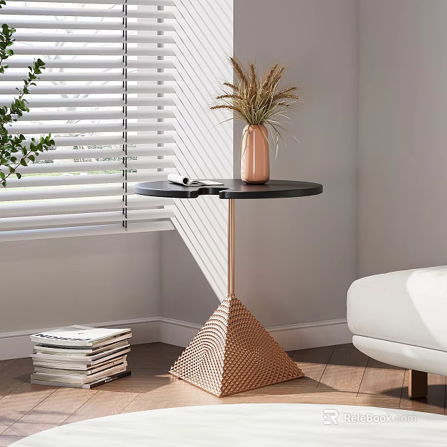 Black Top Side Table With Copper Geometric Base And Dried Grass Vase Near Window Blinds 3d model 