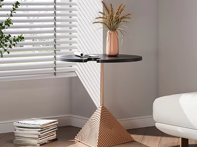 Black Top Side Table With Copper Geometric Base And Dried Grass Vase Near Window Blinds 3d model
