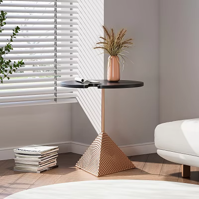 Black Top Side Table With Copper Geometric Base And Dried Grass Vase Near Window Blinds 3d model