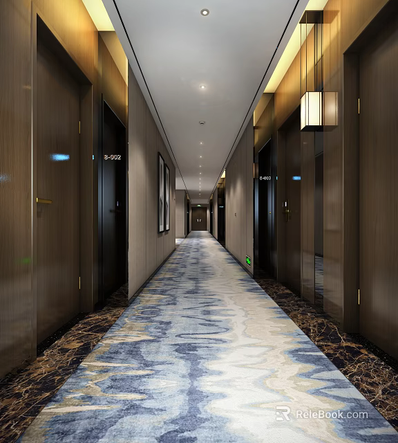 Modern Hotel Corridor With Blue White Pattern Carpet And Recessed Ceiling Lights 3d model 