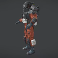 Game Movie Character in Orange Black Sci Fi Suit with Backpack Shoulder and Knee Guards