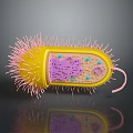Yellow Bacterial 3D Model With Pink Pili Internal Purple Structure Blue Orange Dots And Tail