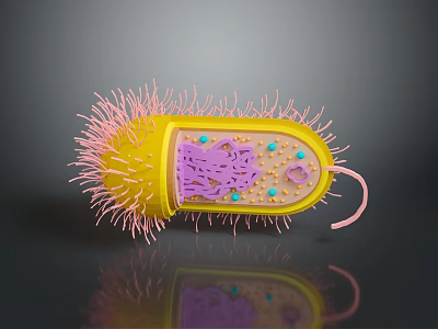 Yellow Bacterial 3D Model With Pink Pili Internal Purple Structure Blue Orange Dots And Tail 3d model