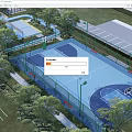 Outdoor Basketball Court With Blue Playing Surface Green Fence And Surrounding Trees