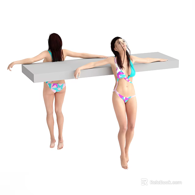 Two Women in Colorful Bikini Stretching Arms on Grey Horizontal Bar Front and Back Views 3d model 
