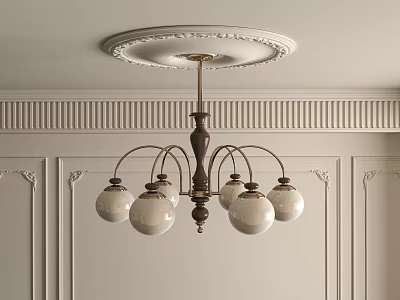 Traditional Chandelier With White Glass Shades In Interior With Decorative Ceiling And Paneled Walls 3d model