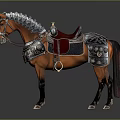 Brown Horse With Silver Decorative Armor And Red Saddle Design