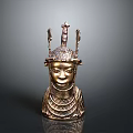 Intricate Bronze Sculpture Carving With Decorative Head Ornament And Neck Rings