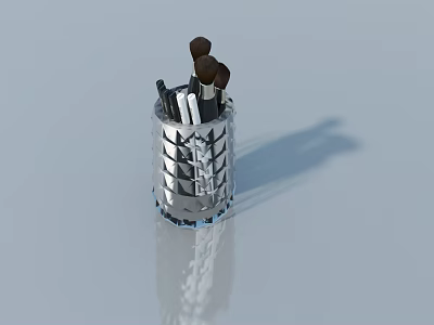 Silver Brush Holder With Makeup Brushes On Light Blue Background With Reflection 3d model