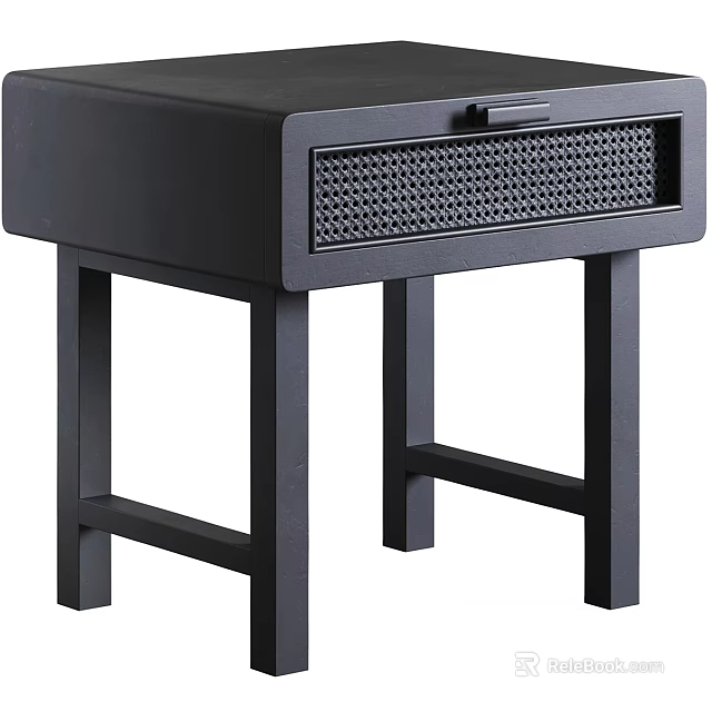 Modern Black Bedside Table With Woven Panel Drawer And Sturdy Legs Design 3d model