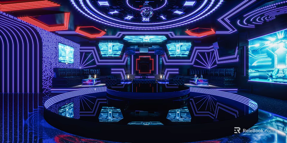 Modern KTV Interior Design With Colorful Neon Lighting Multiple Screens And Stage 3d model 